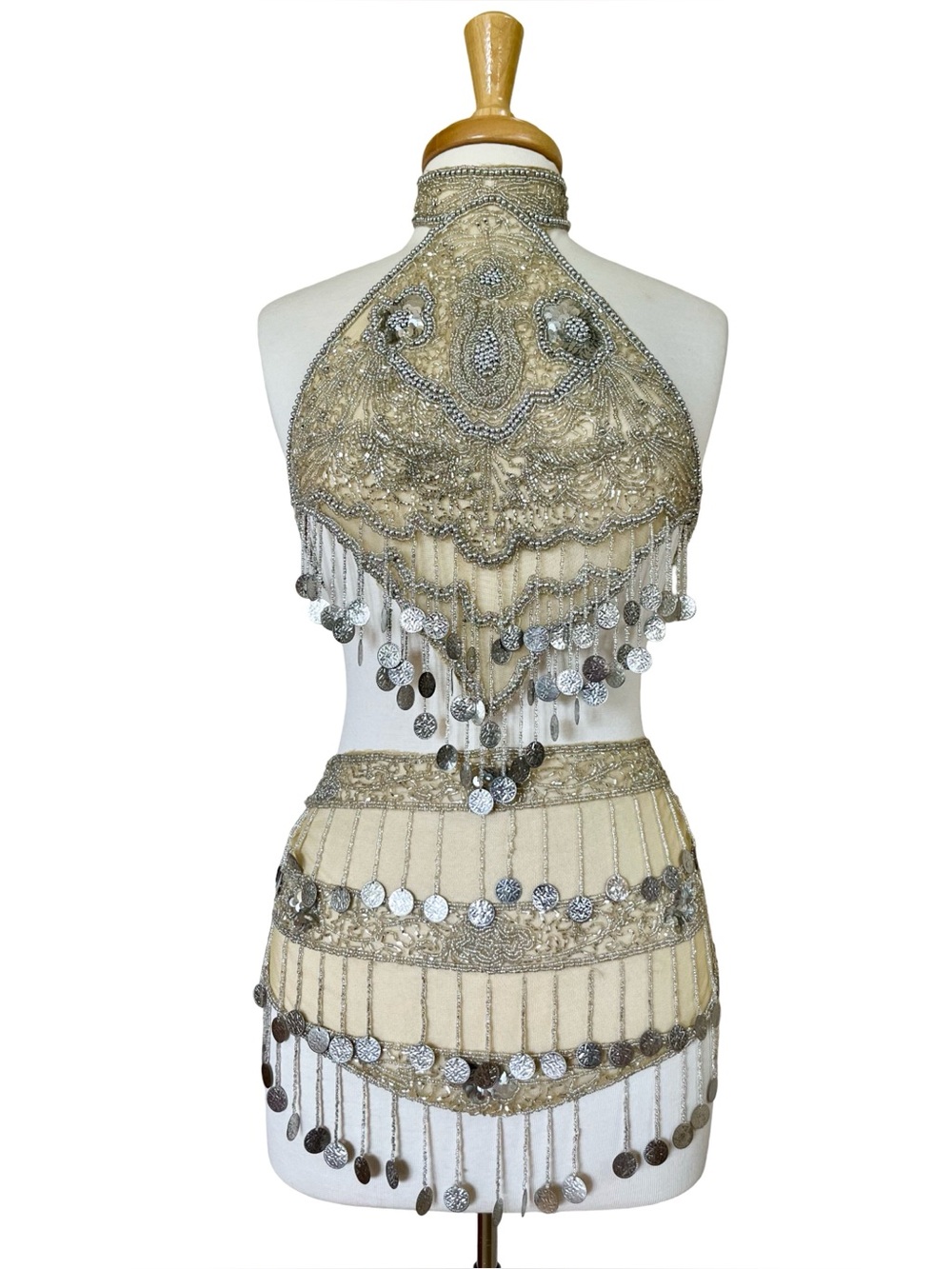 Vintage Silver Coin Bellydance 2pc Set Halter Bra Top Hip Belt Champagne Small